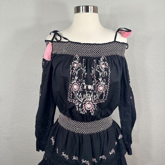 LoveShackFancy Black Pink Smocked Embroidered Dress - Picture 4 of 15